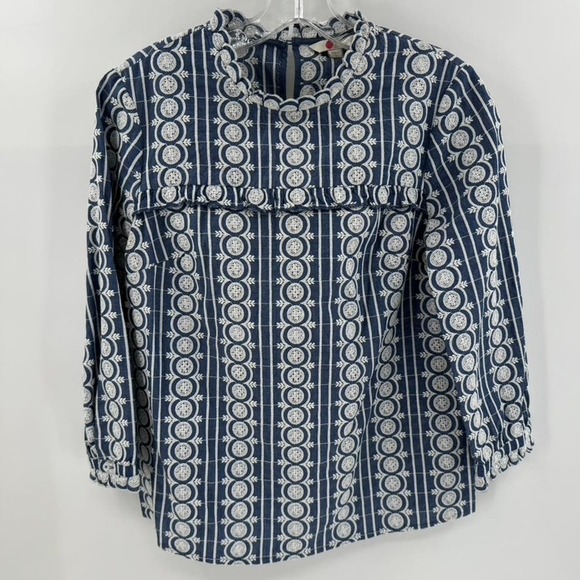 Boden Boho Peasant Embroidered Top Sz 6 Blue White Boxy High Neck LS Bib Front - Picture 1 of 5